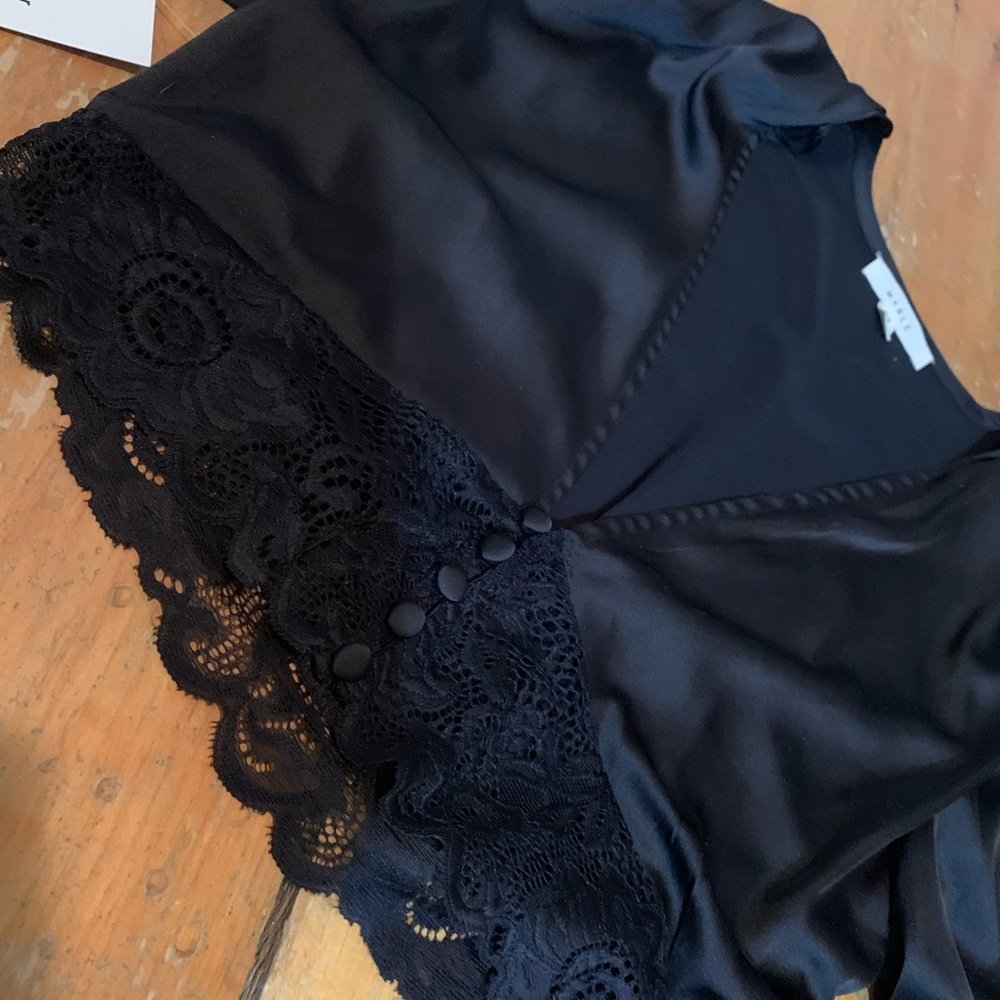 Lace trim black silk top medium